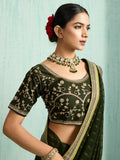 Stunning Olive Green Embroidery Border Chiffon Event Wear Saree With Blouse