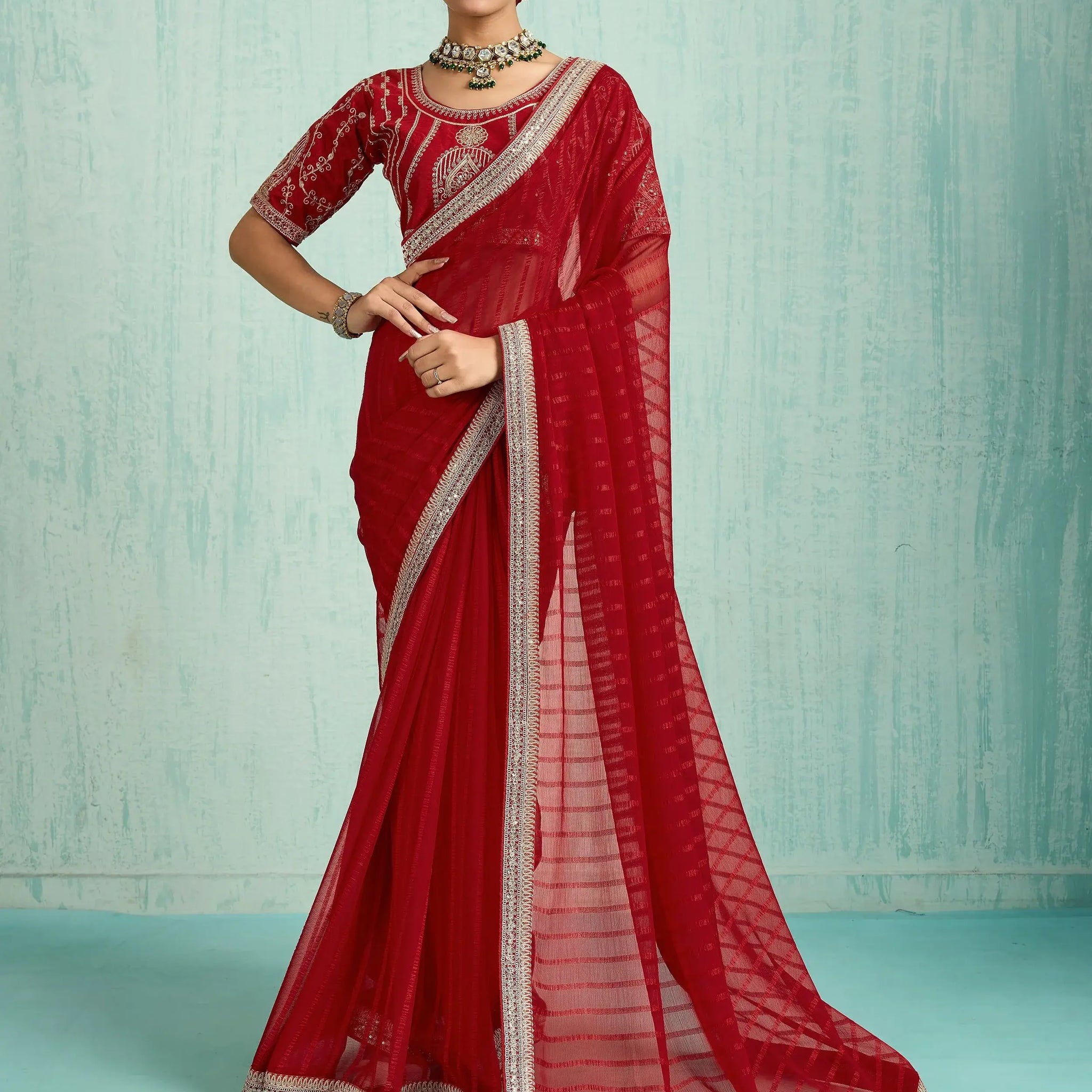 Wonderful Red Chiffon Reception Wear Saree With Embroidered Blouse