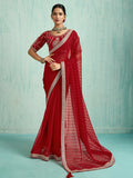 Wonderful Red Chiffon Reception Wear Saree With Embroidered Blouse
