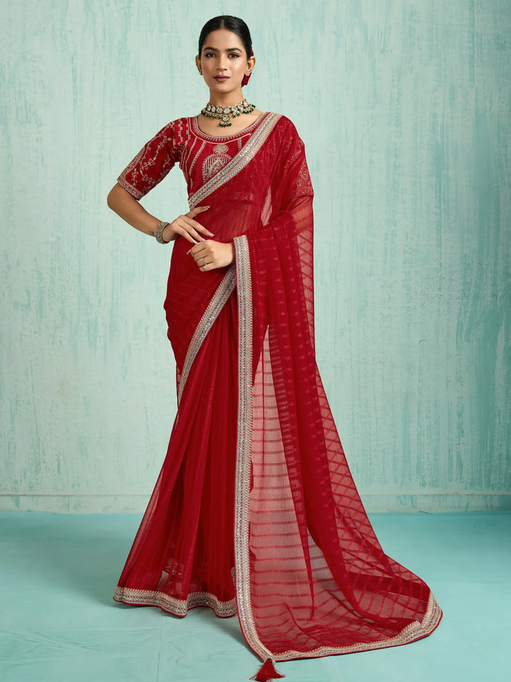 Wonderful Red Chiffon Reception Wear Saree With Embroidered Blouse