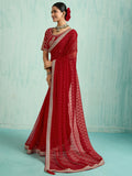 Wonderful Red Chiffon Reception Wear Saree With Embroidered Blouse