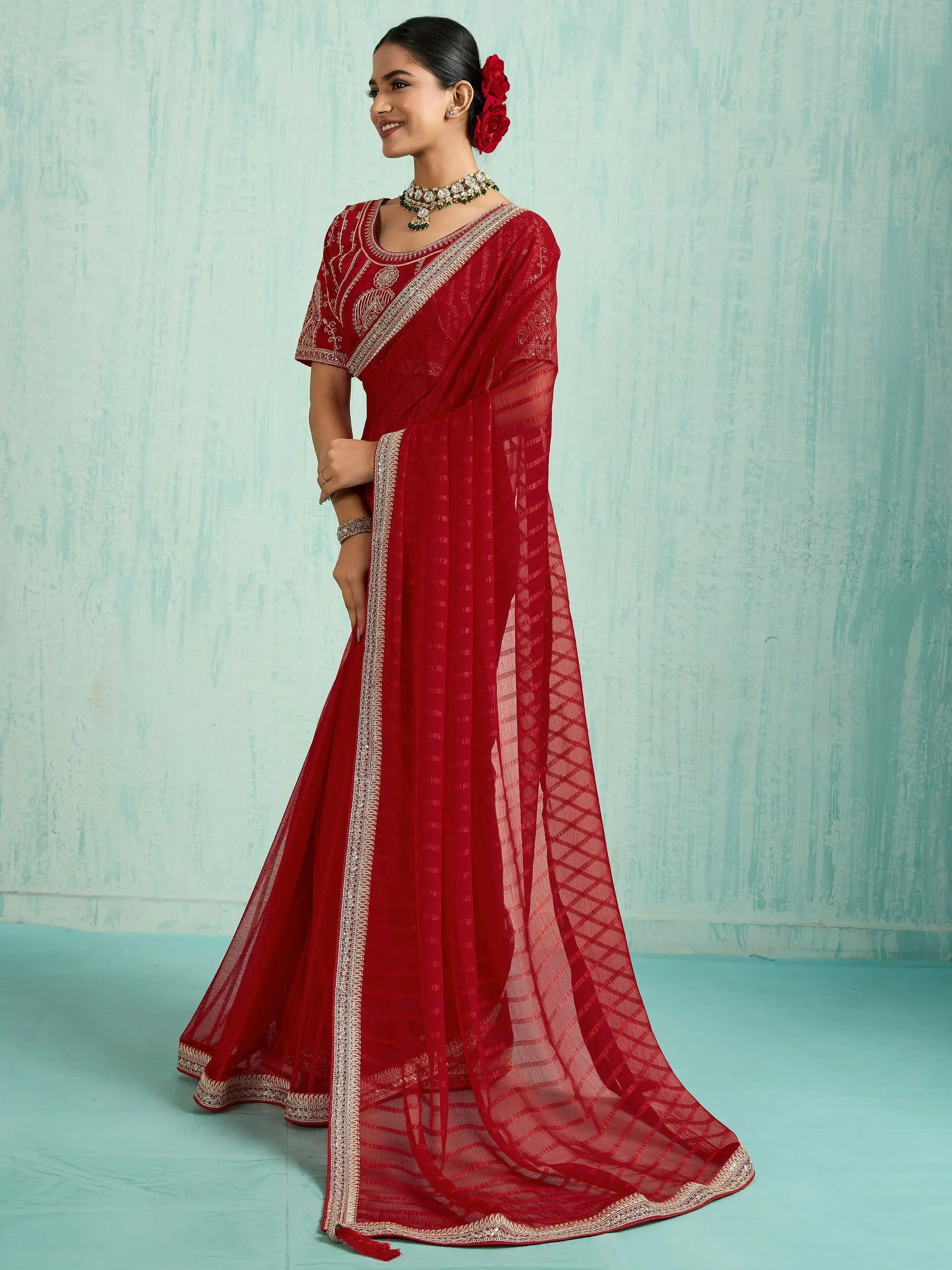 Wonderful Red Chiffon Reception Wear Saree With Embroidered Blouse