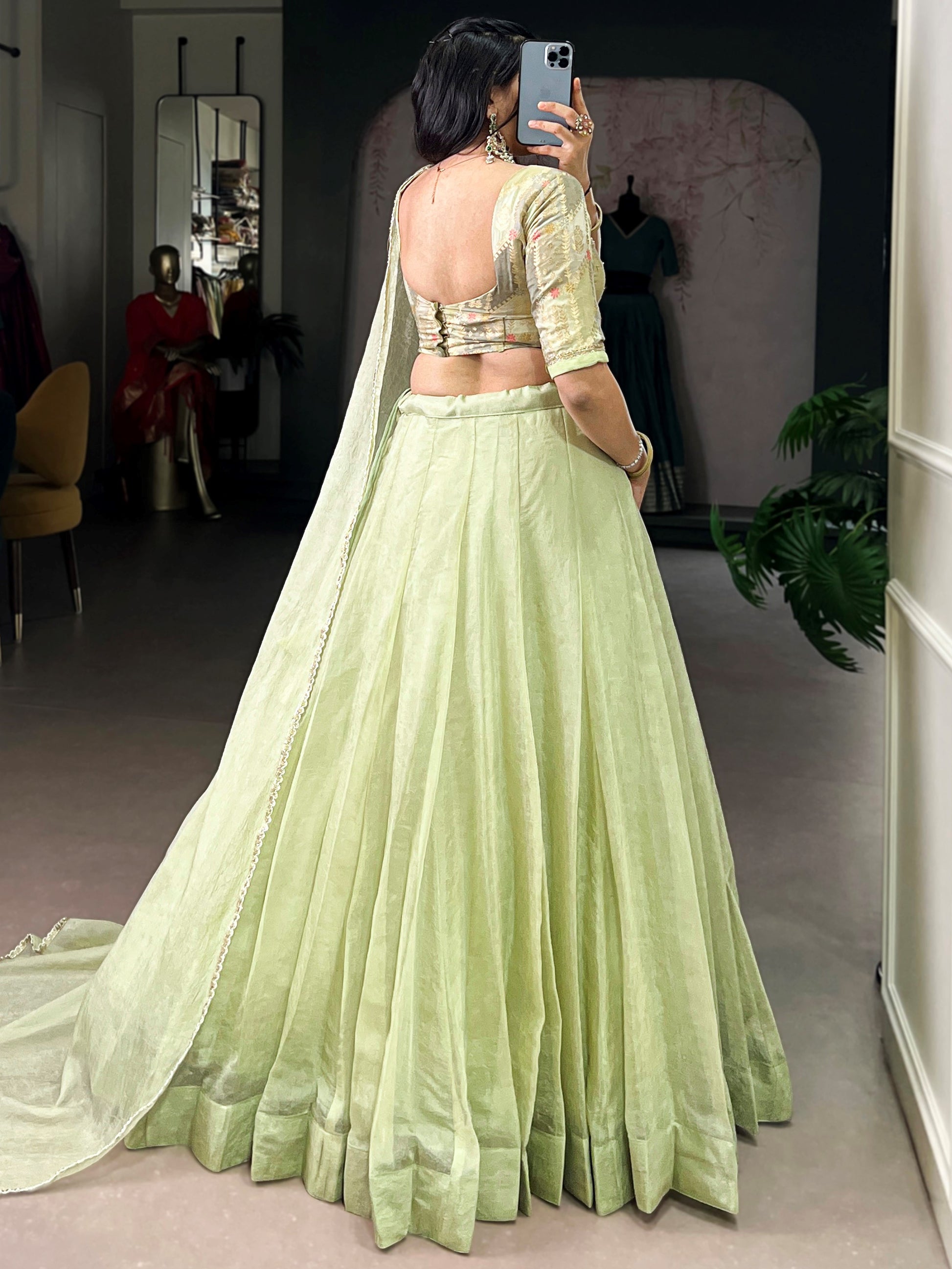 Elegant Tea Green Crush Silk Mehendi Wear Lehenga With Bead Work Choli