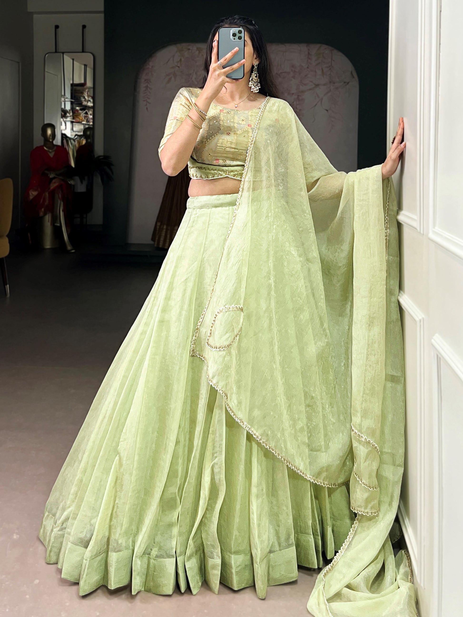 Elegant Tea Green Crush Silk Mehendi Wear Lehenga With Bead Work Choli