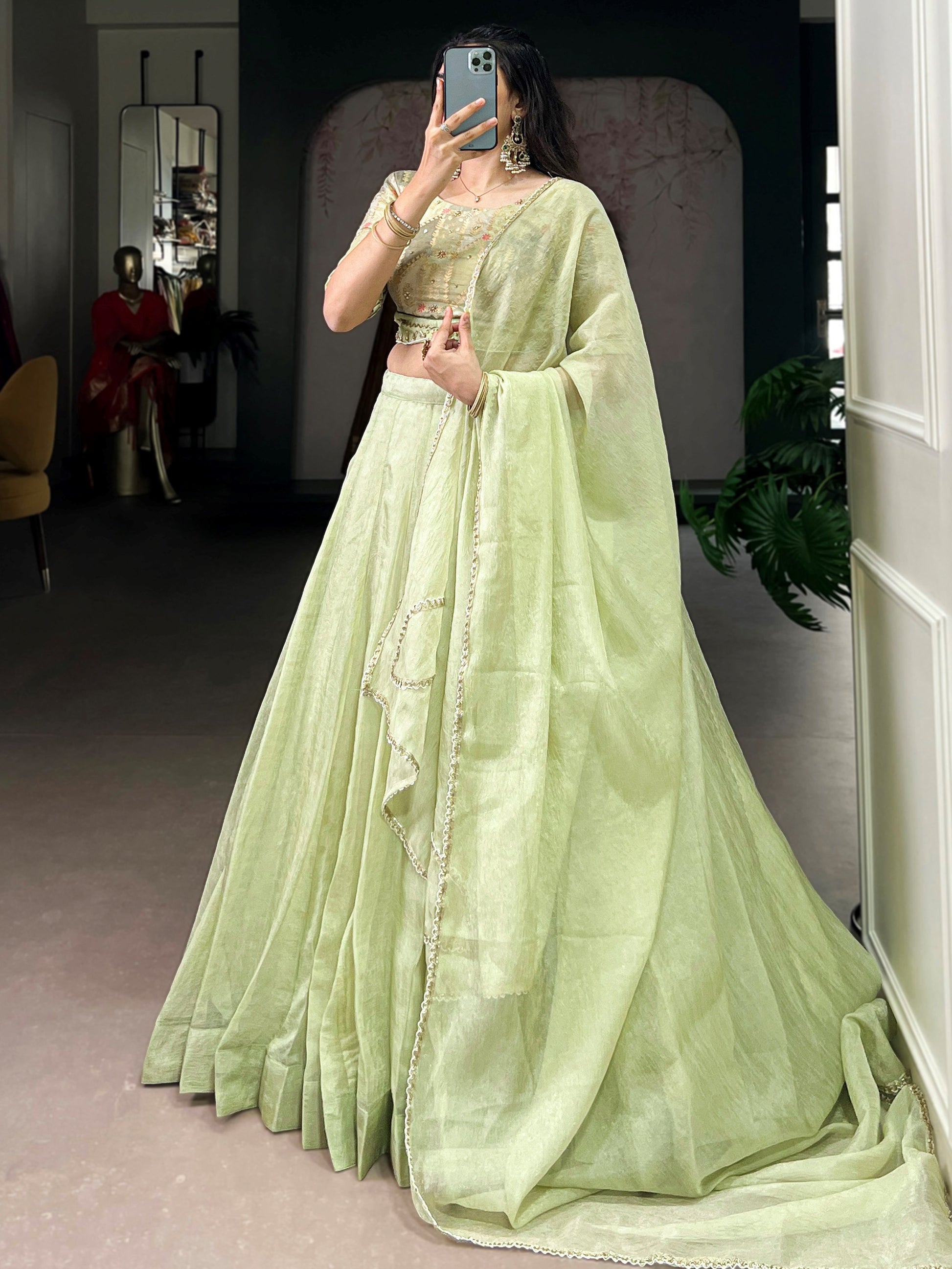 Elegant Tea Green Crush Silk Mehendi Wear Lehenga With Bead Work Choli