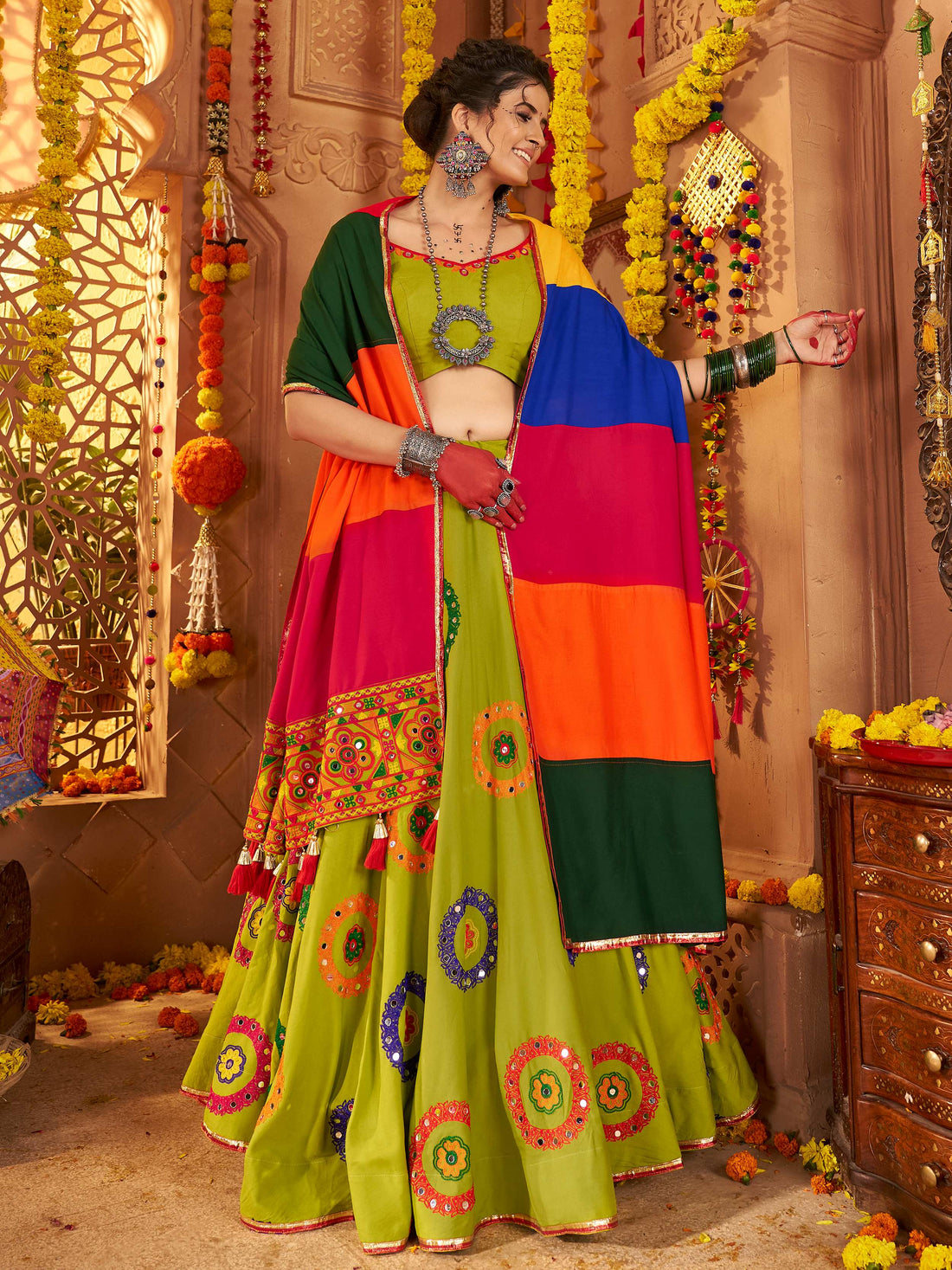 Astonishing Parrot Green Embroidered Cotton Navratri Special Lehenga Choli