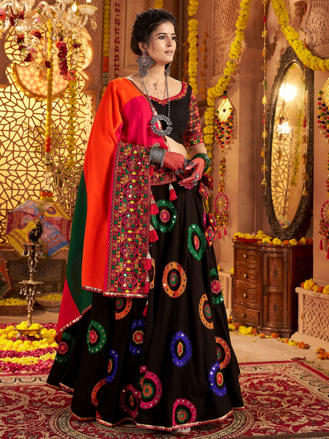 Classic Black Thread Embroidery Cotton Navratri Special Lehenga Choli