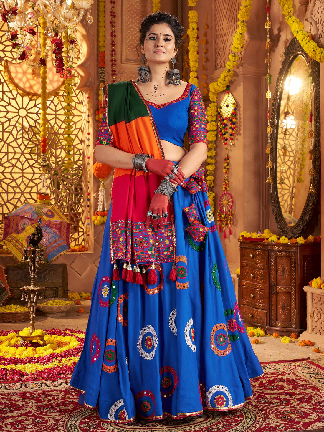 Excellent Royal Blue Thread Work Cotton Navratri Special Lehenga Choli With Dupatta