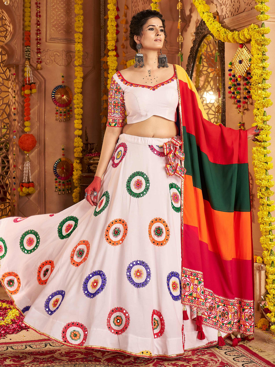 Aesthetic White Embroidered Cotton Navratri Wear Lehenga Choli With Dupatta