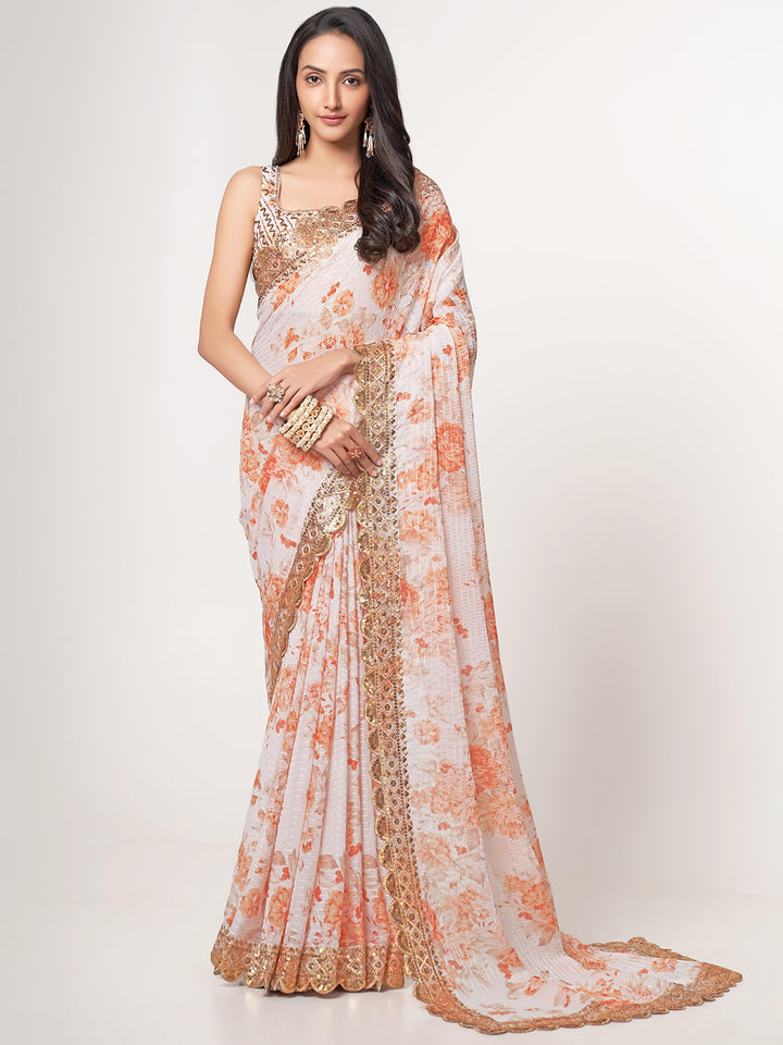 Stunning White Floral Print Organza Party Wear Saree With Blouse