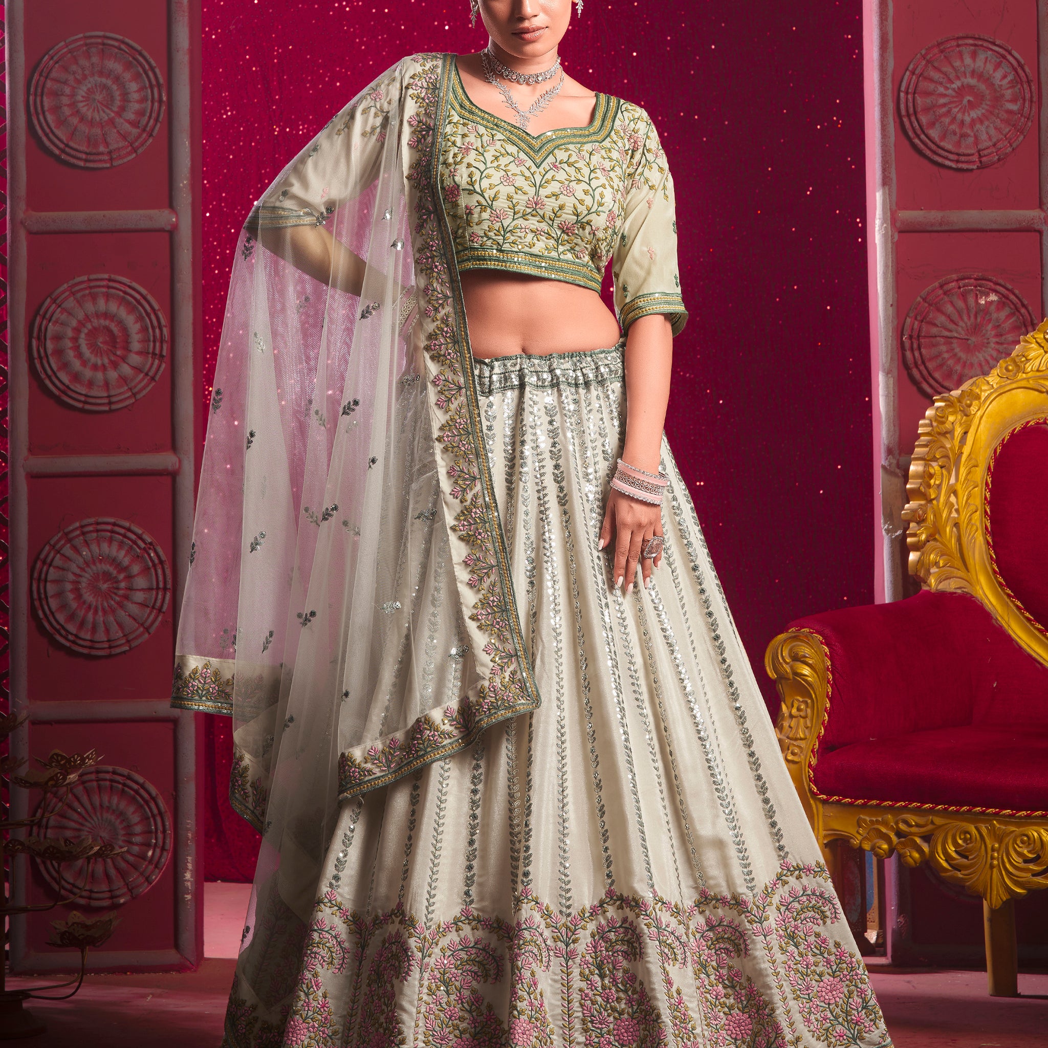 Beautiful Cream Embroidered Silk Wedding Lehenga Choli With Dupatta
