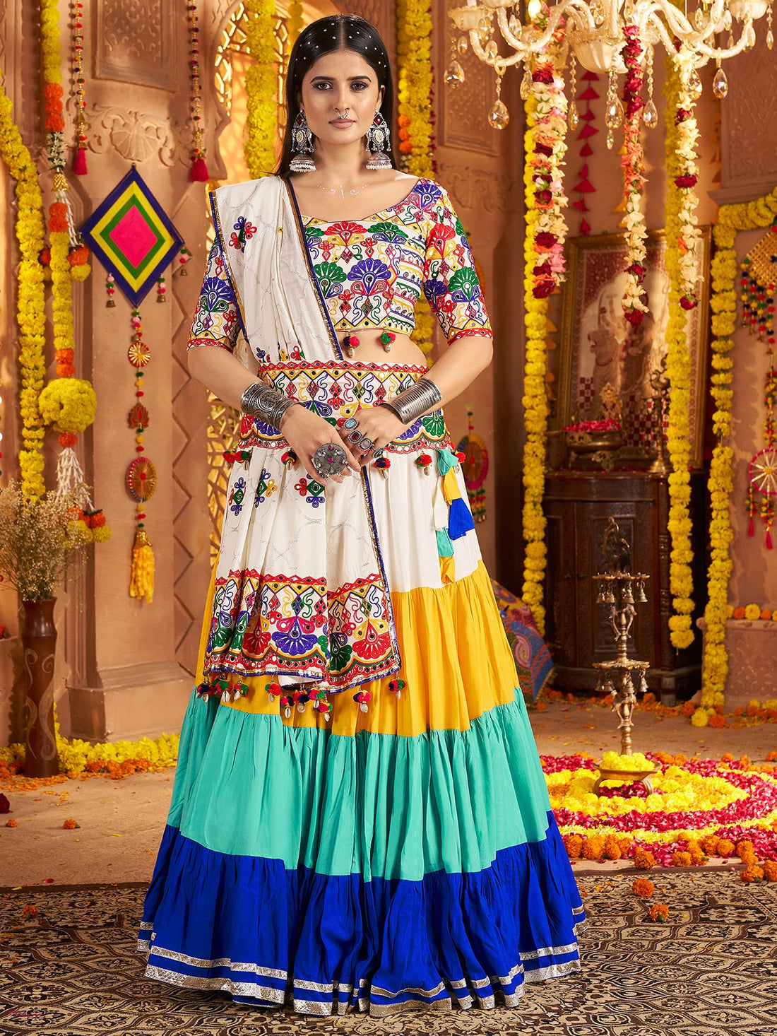 Fiery Multi-Color Thread Embroidery Cotton Navratri Special Ruffle Lehenga Choli