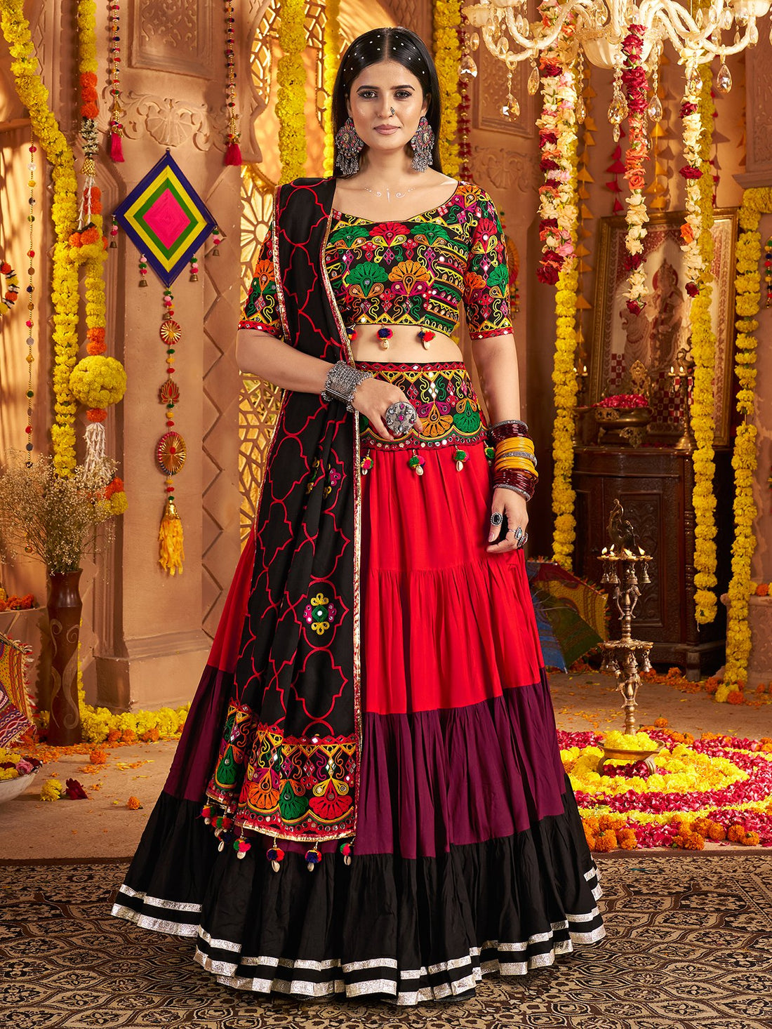 Stylish Multi-Color Embroidered Cotton Navratri Special Lehenga Choli With Dupatta