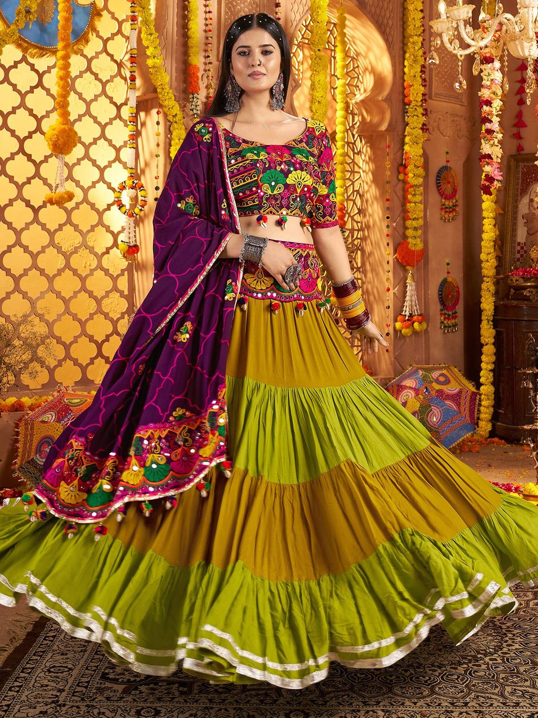 Dazzling Multi-Color Thread Work Cotton Navratri Wear Lehenga Choli With Dupatta