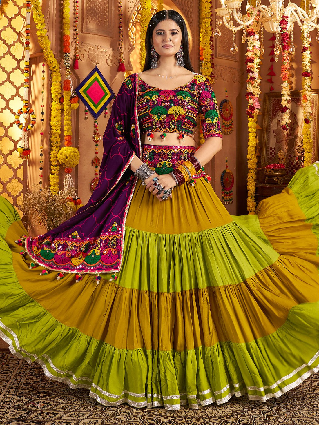 Dazzling Multi-Color Thread Work Cotton Navratri Wear Lehenga Choli With Dupatta