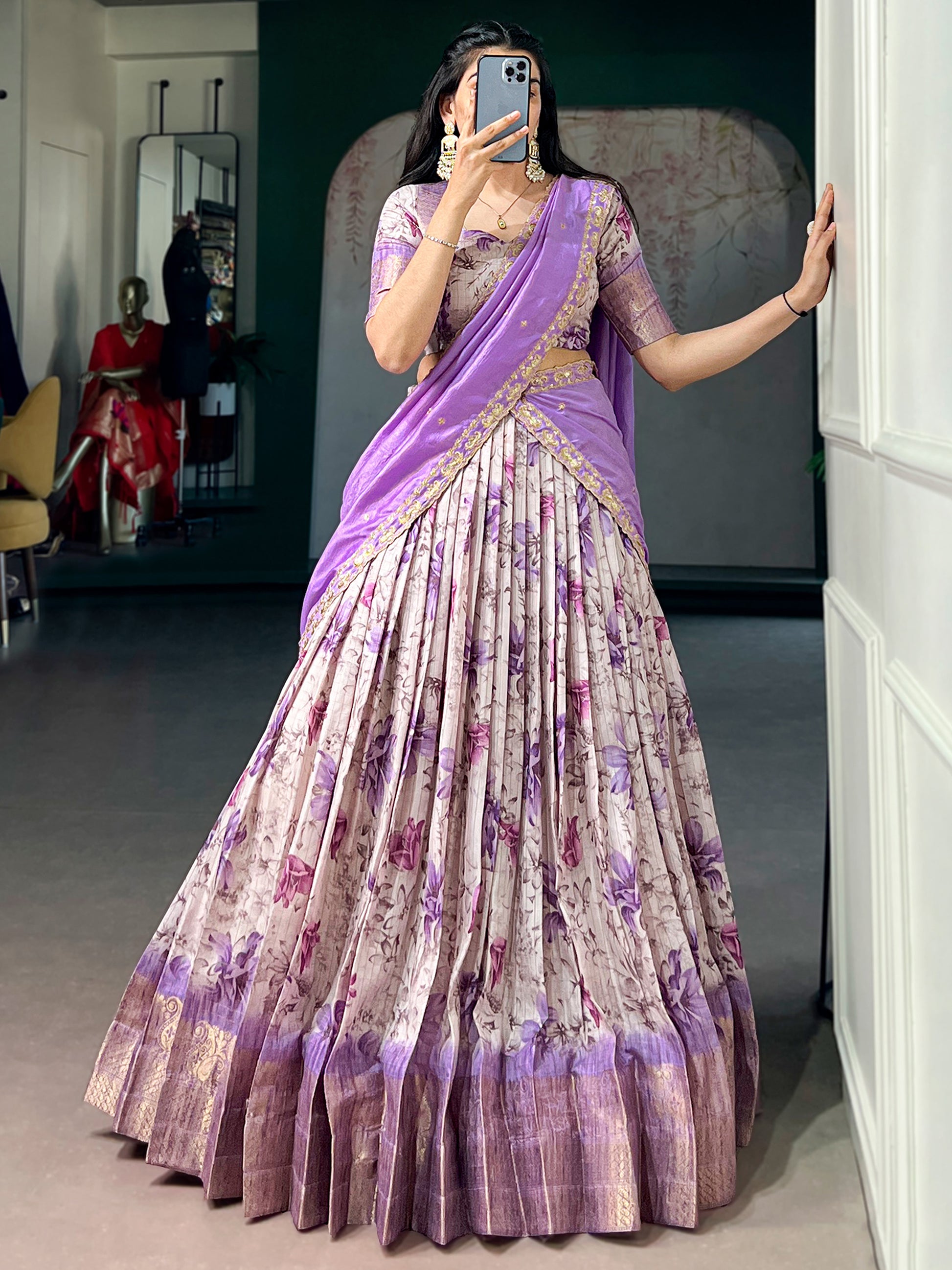 Precious Purple Floral Printed Silk Traditional Lehenga Choli