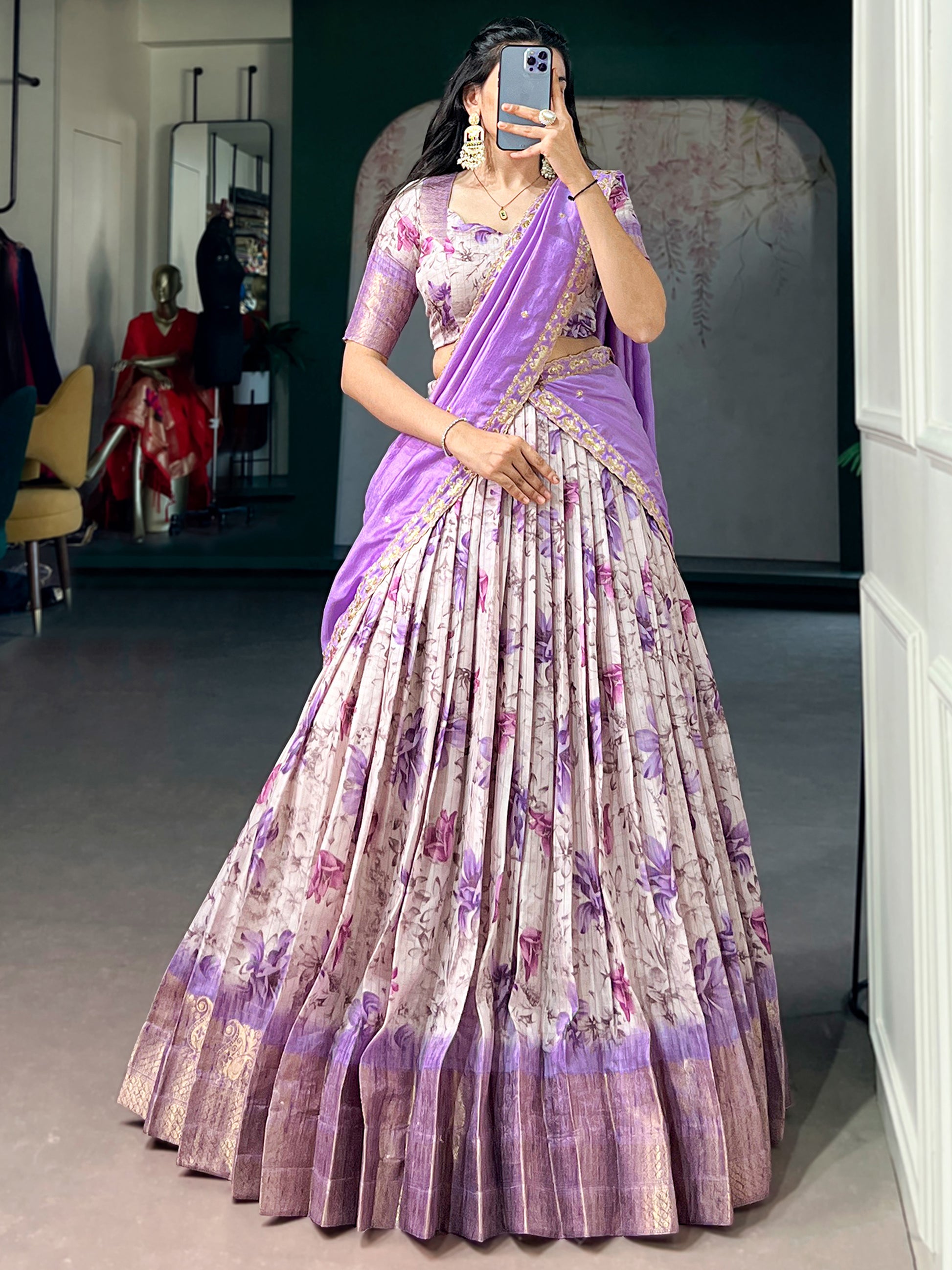 Precious Purple Floral Printed Silk Traditional Lehenga Choli
