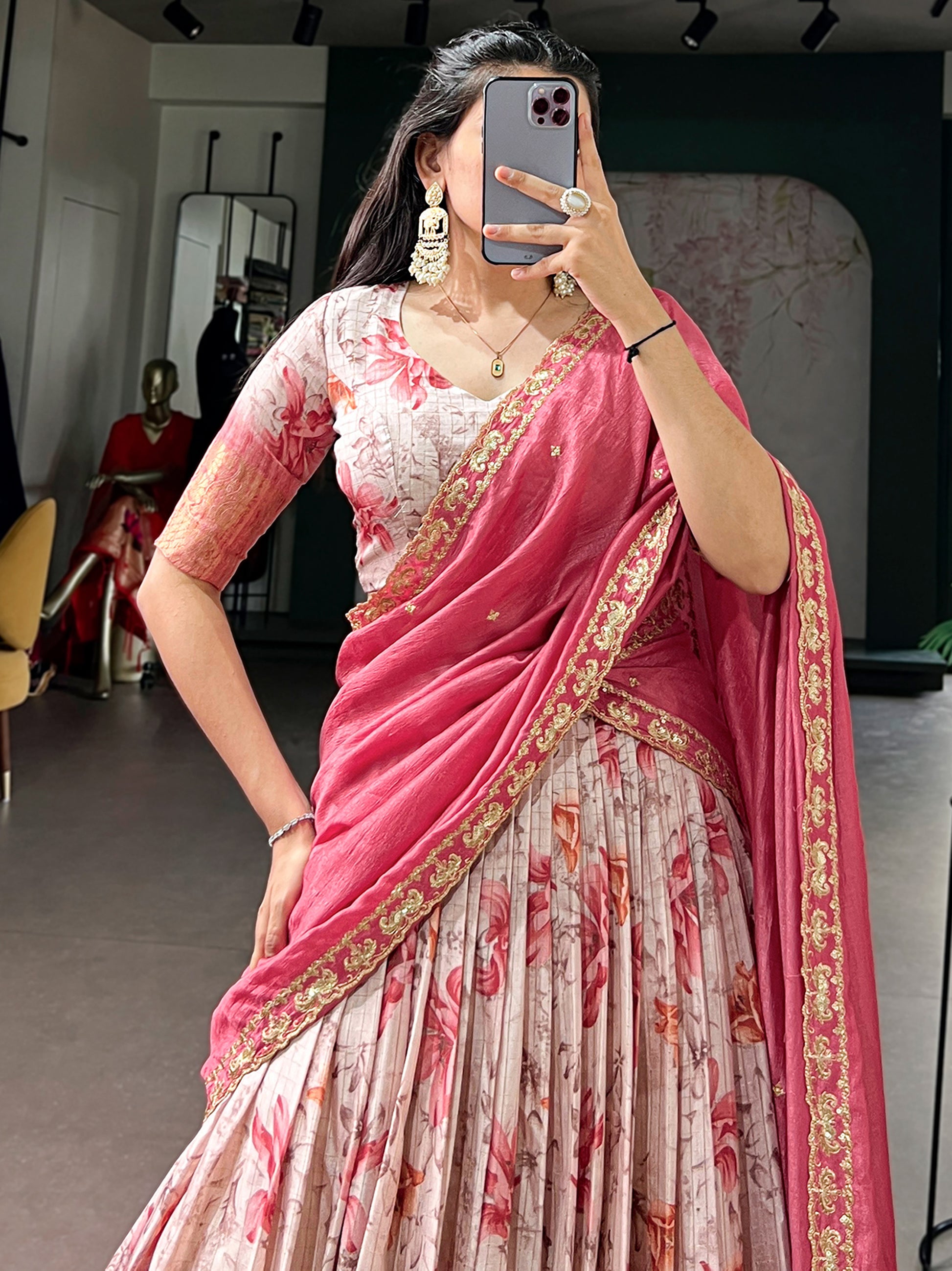 Sparkling Red Floral Printed Silk Festival Wear Lehenga Choli