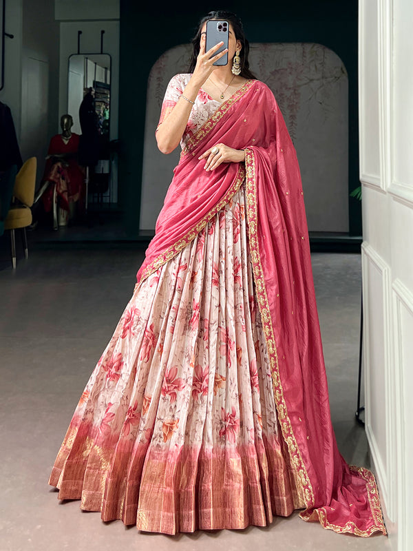Sparkling Red Floral Printed Silk Festival Wear Lehenga Choli