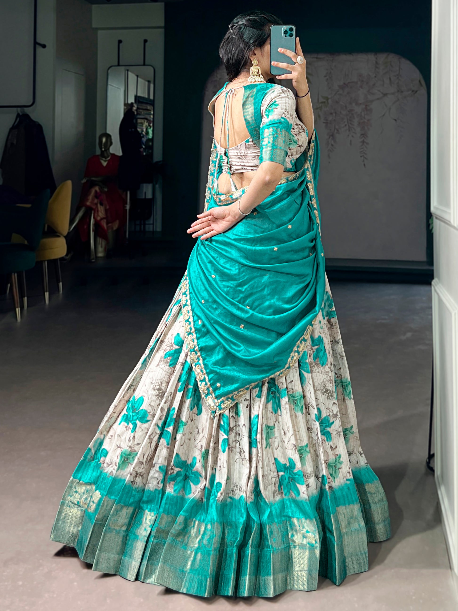 Gorgeous Teal Blue Floral Printed Silk Event Wear Lehenga Choli