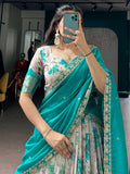 Gorgeous Teal Blue Floral Printed Silk Event Wear Lehenga Choli