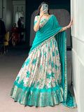 Gorgeous Teal Blue Floral Printed Silk Event Wear Lehenga Choli