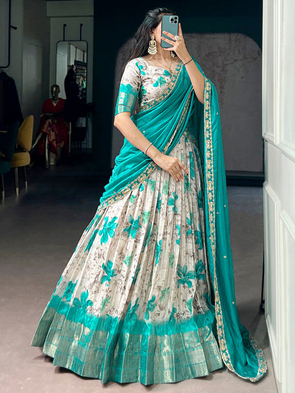 Gorgeous Teal Blue Floral Printed Silk Event Wear Lehenga Choli