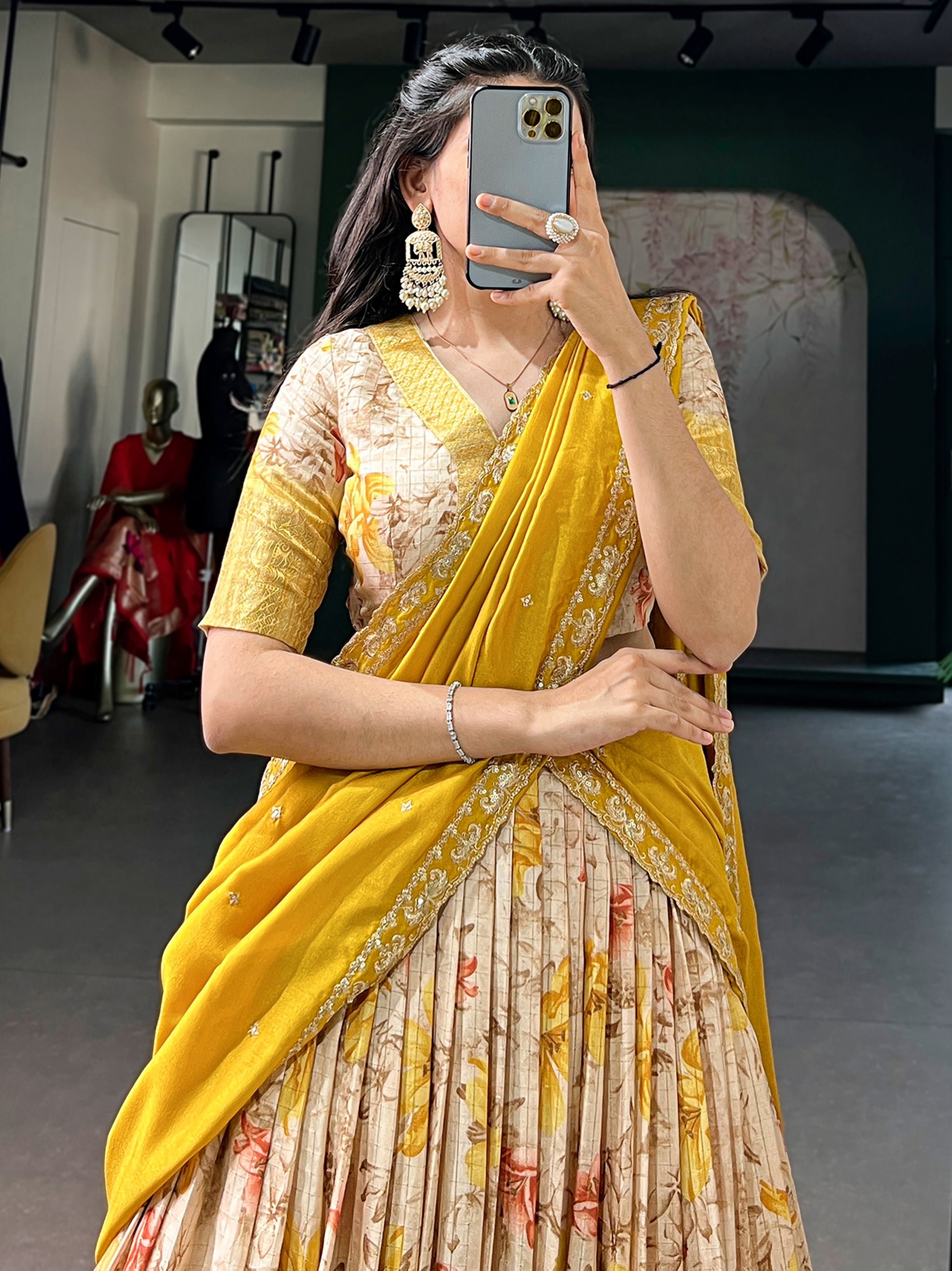 Attractive Yellow Floral Printed Silk Lehenga Choli With Dupatta