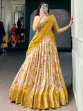 Attractive Yellow Floral Printed Silk Lehenga Choli With Dupatta