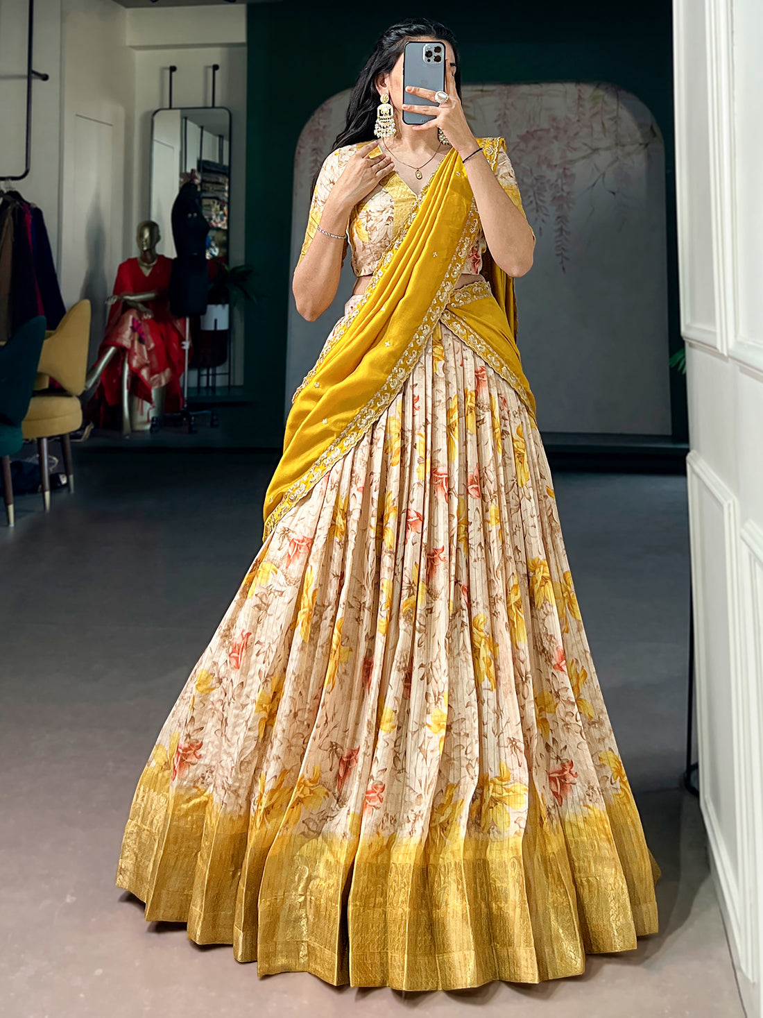 Attractive Yellow Floral Printed Silk Lehenga Choli With Dupatta