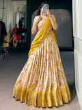 Attractive Yellow Floral Printed Silk Lehenga Choli With Dupatta