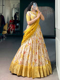 Attractive Yellow Floral Printed Silk Lehenga Choli With Dupatta