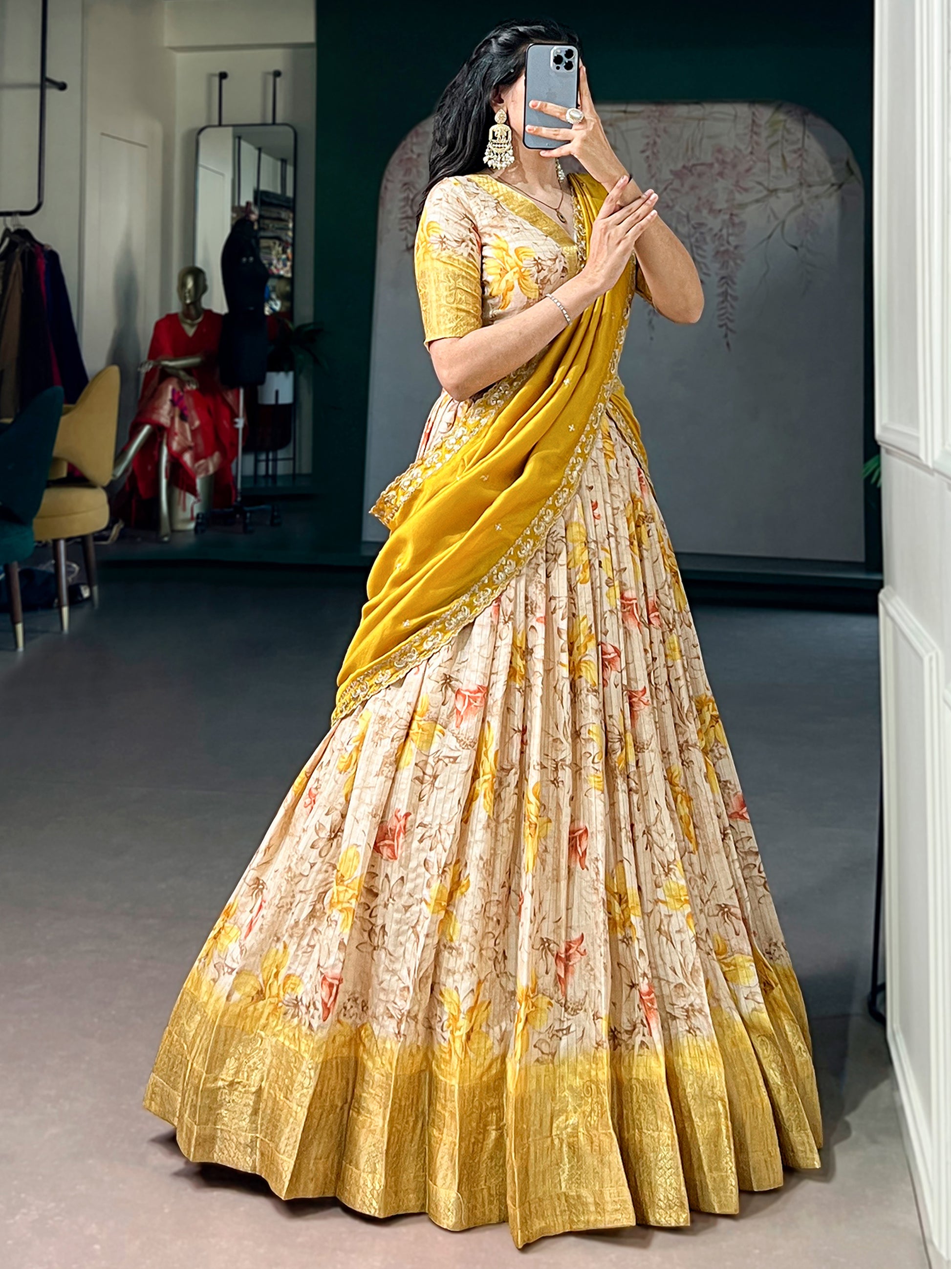 Attractive Yellow Floral Printed Silk Lehenga Choli With Dupatta