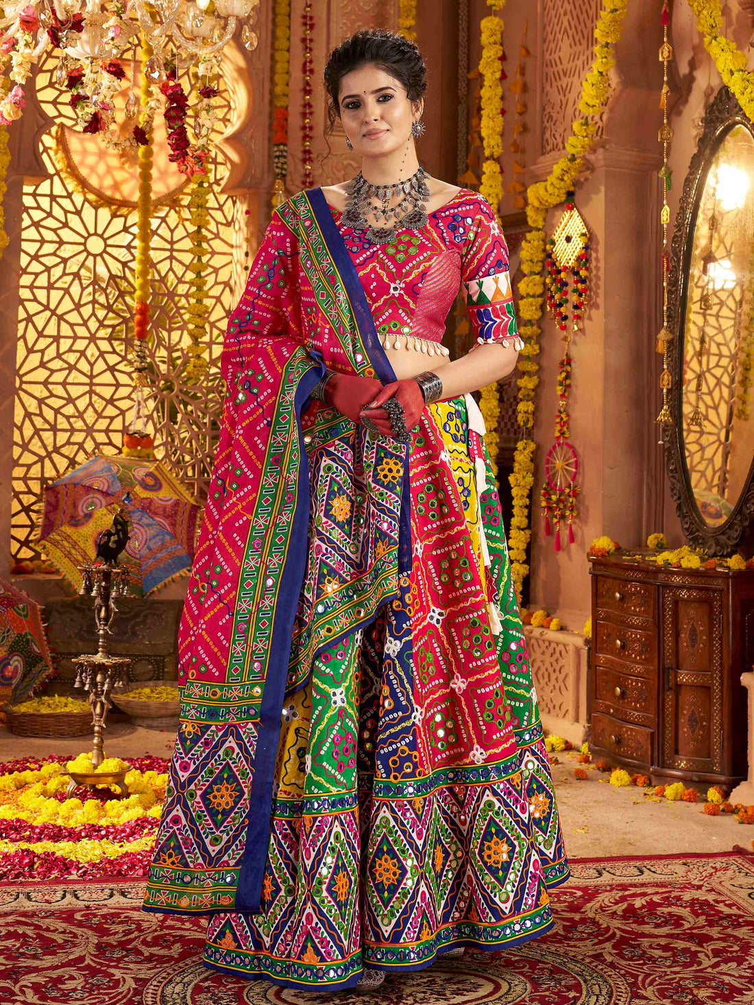 Stunning Multi-Color Foil Work Cotton Navratri Wear Lehenga Choli With Dupatta
