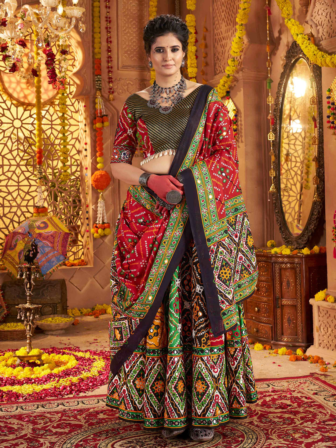 Gorgeous Multi-Color Aari Embroidery Cotton Navratri Wear Lehenga Choli With Dupatta