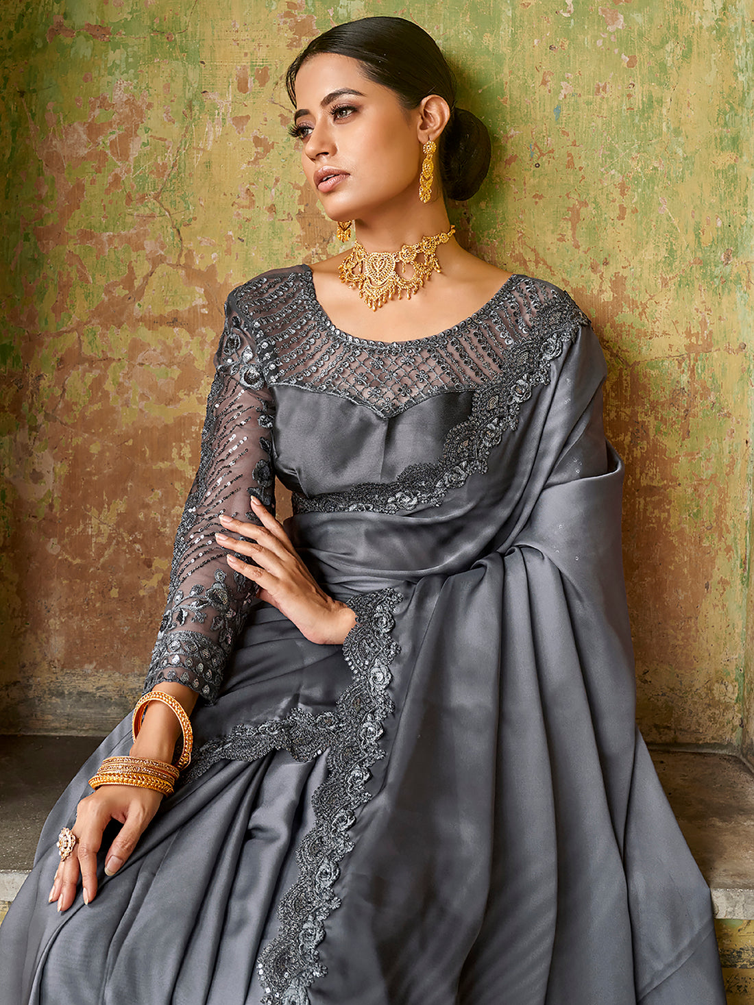 Astonishing Grey Embroidered Satin Party Wear Saree With Blouse