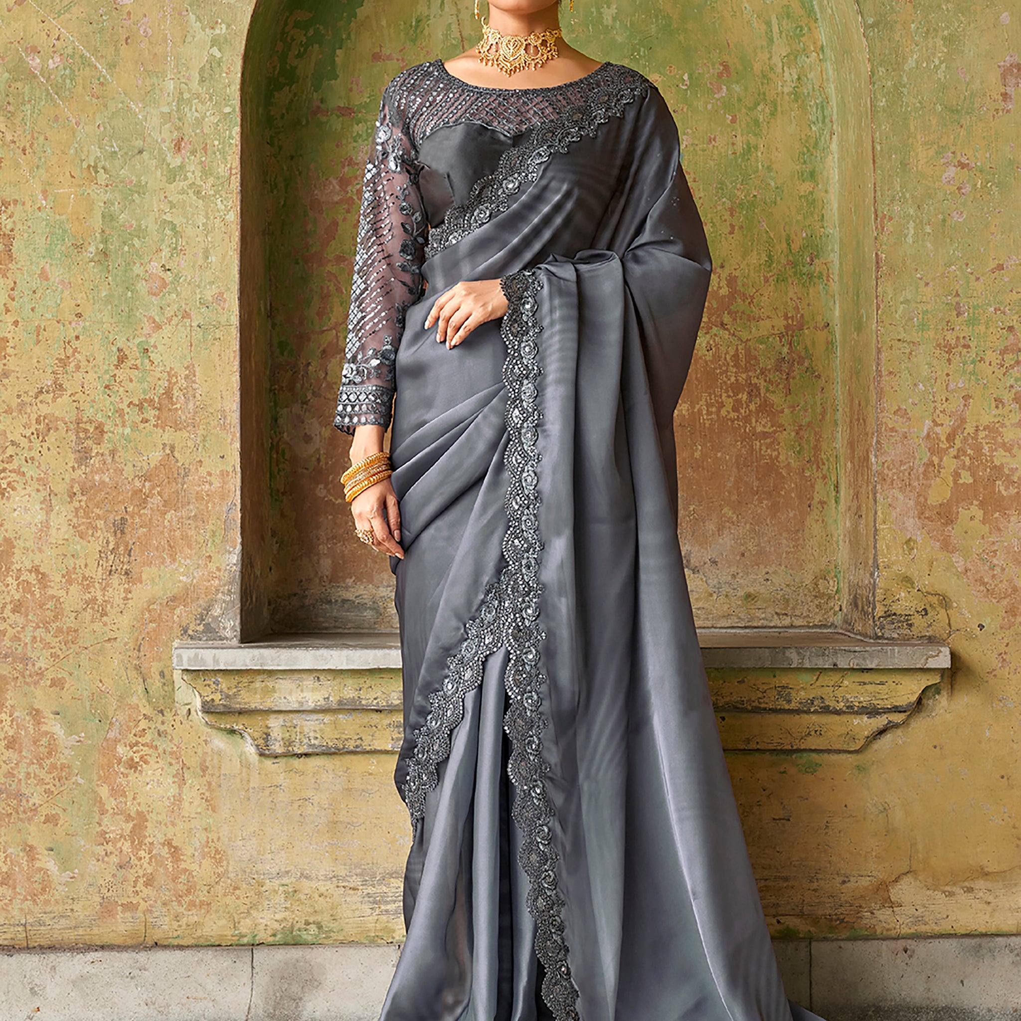 Astonishing Grey Embroidered Satin Party Wear Saree With Blouse
