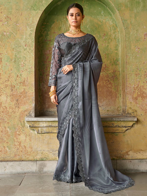 Astonishing Grey Embroidered Satin Party Wear Saree With Blouse
