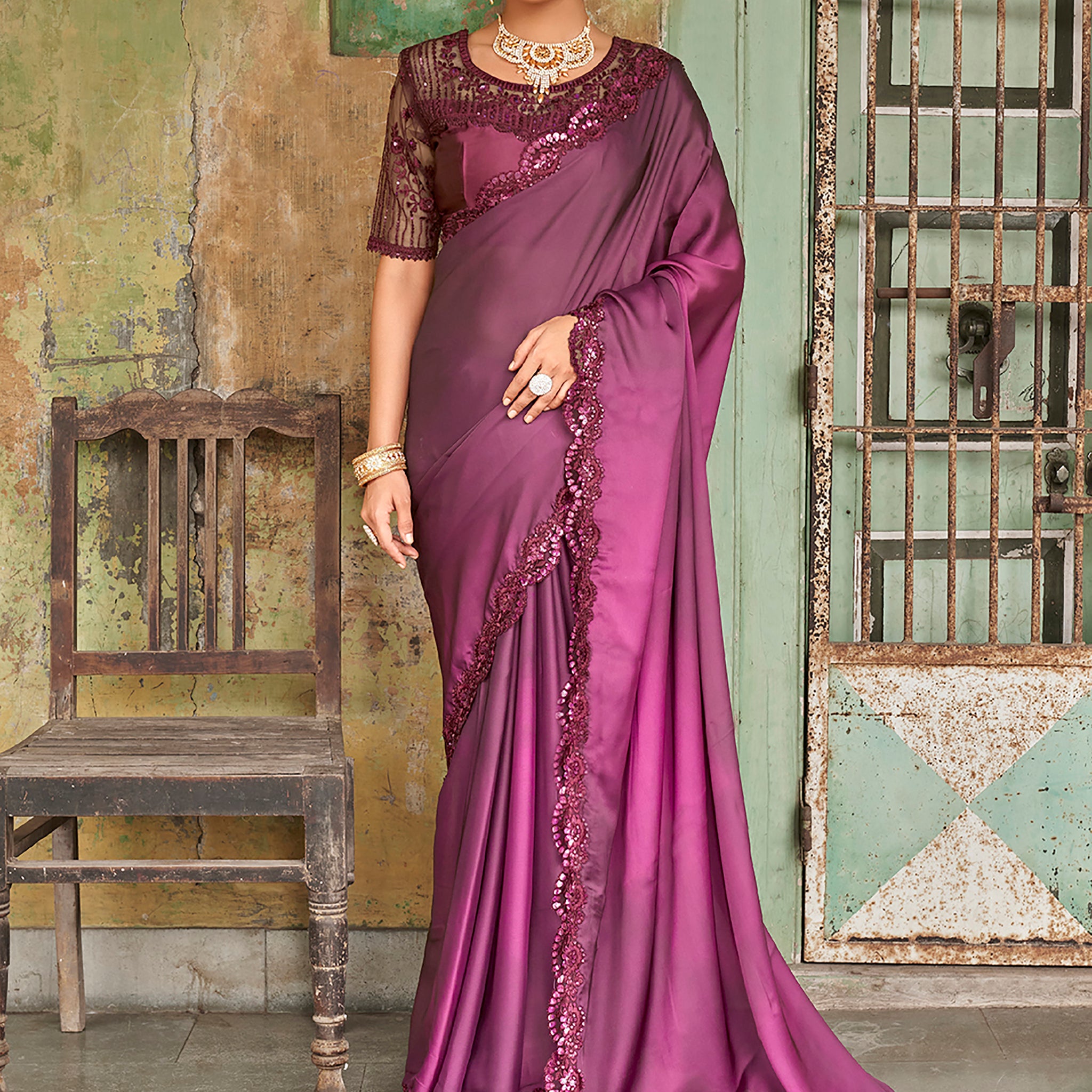 Wonderful Purple Embroidered Satin Party Wear Saree With Blouse