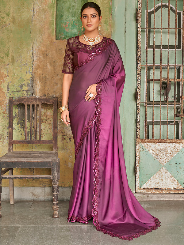 Wonderful Purple Embroidered Satin Party Wear Saree With Blouse