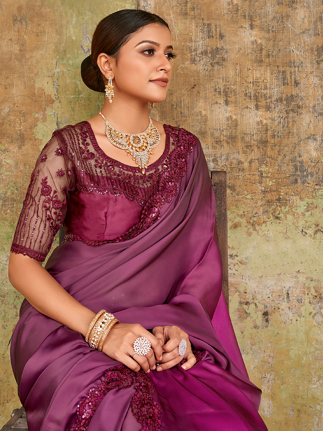 Wonderful Purple Embroidered Satin Party Wear Saree With Blouse