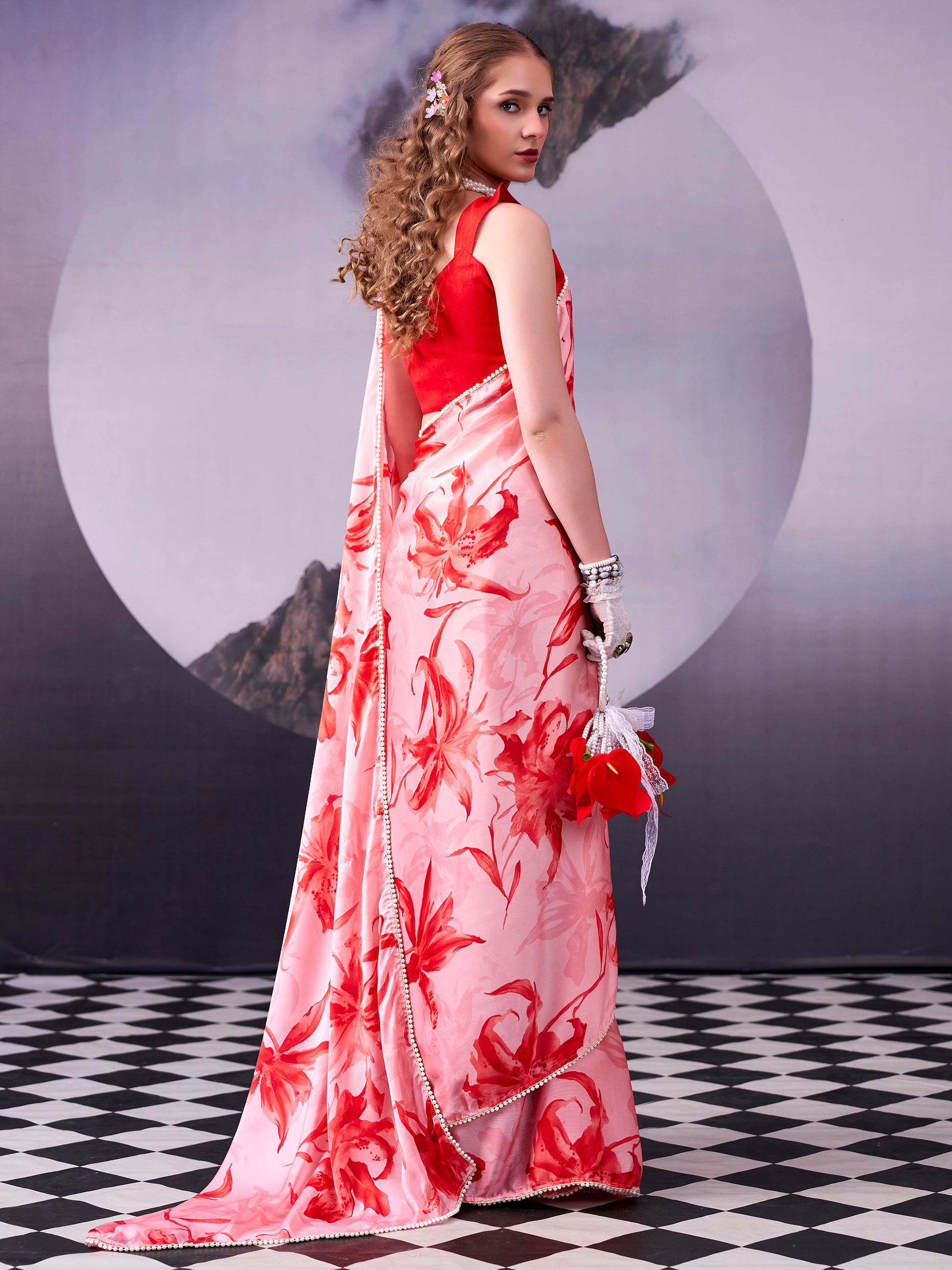 Enchanting Red Floral Printed Satin Party Wear Saree With Blouse