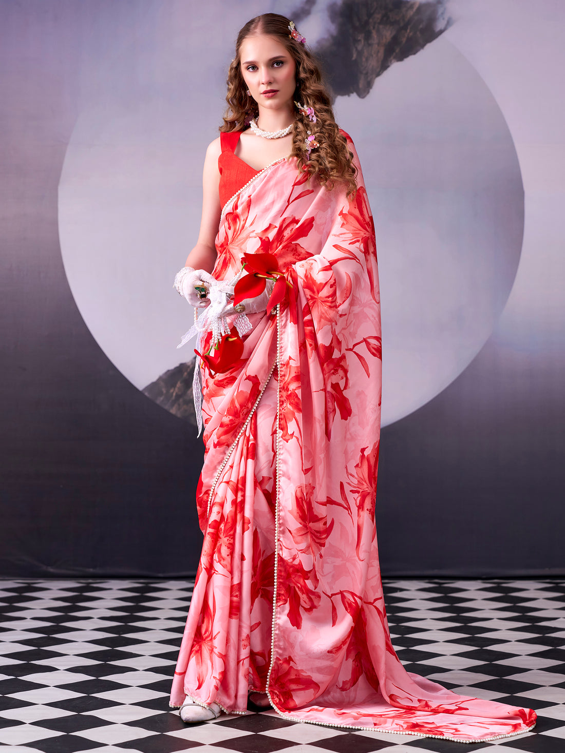 Enchanting Red Floral Printed Satin Party Wear Saree With Blouse