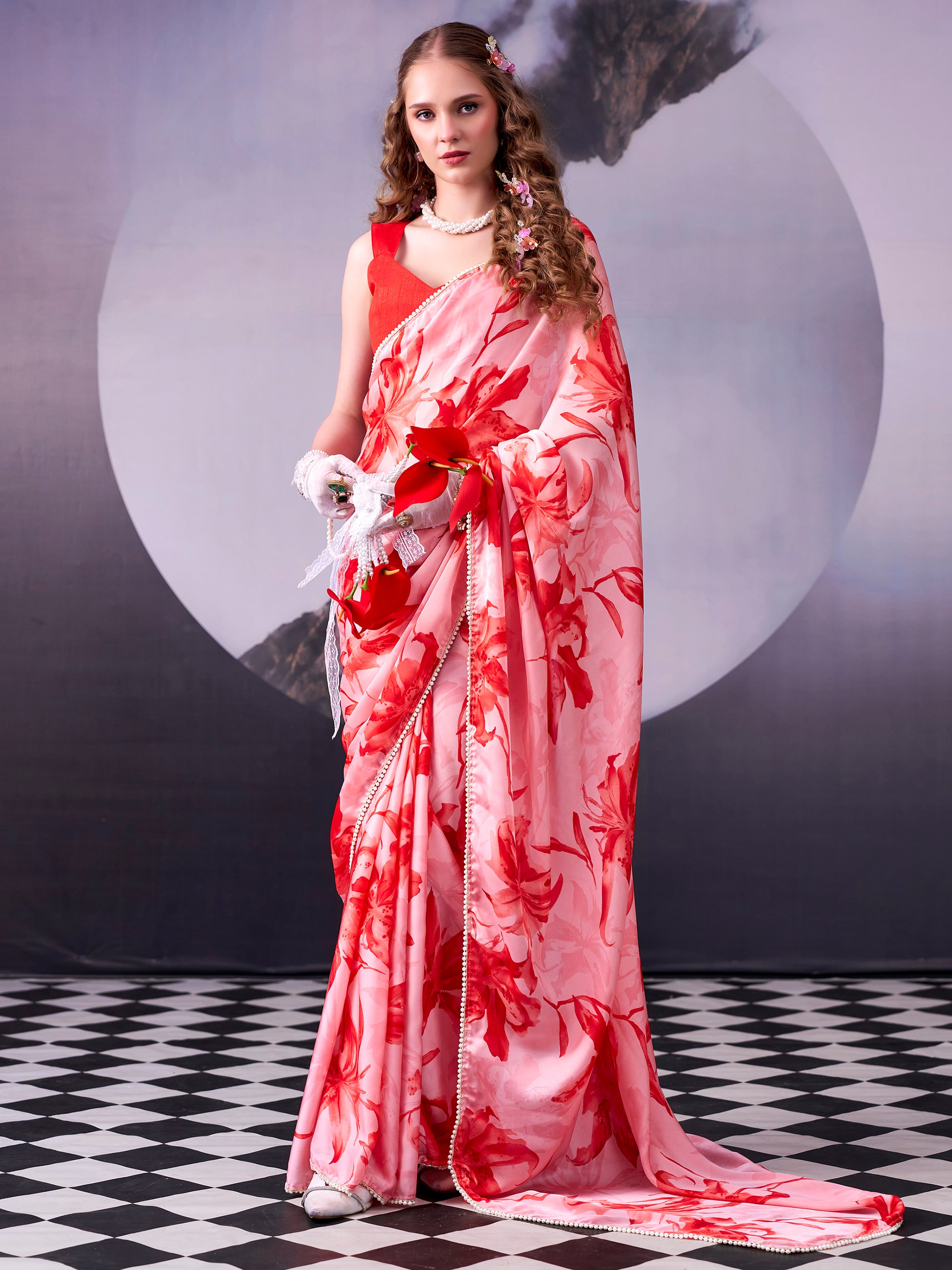 Enchanting Red Floral Printed Satin Party Wear Saree With Blouse
