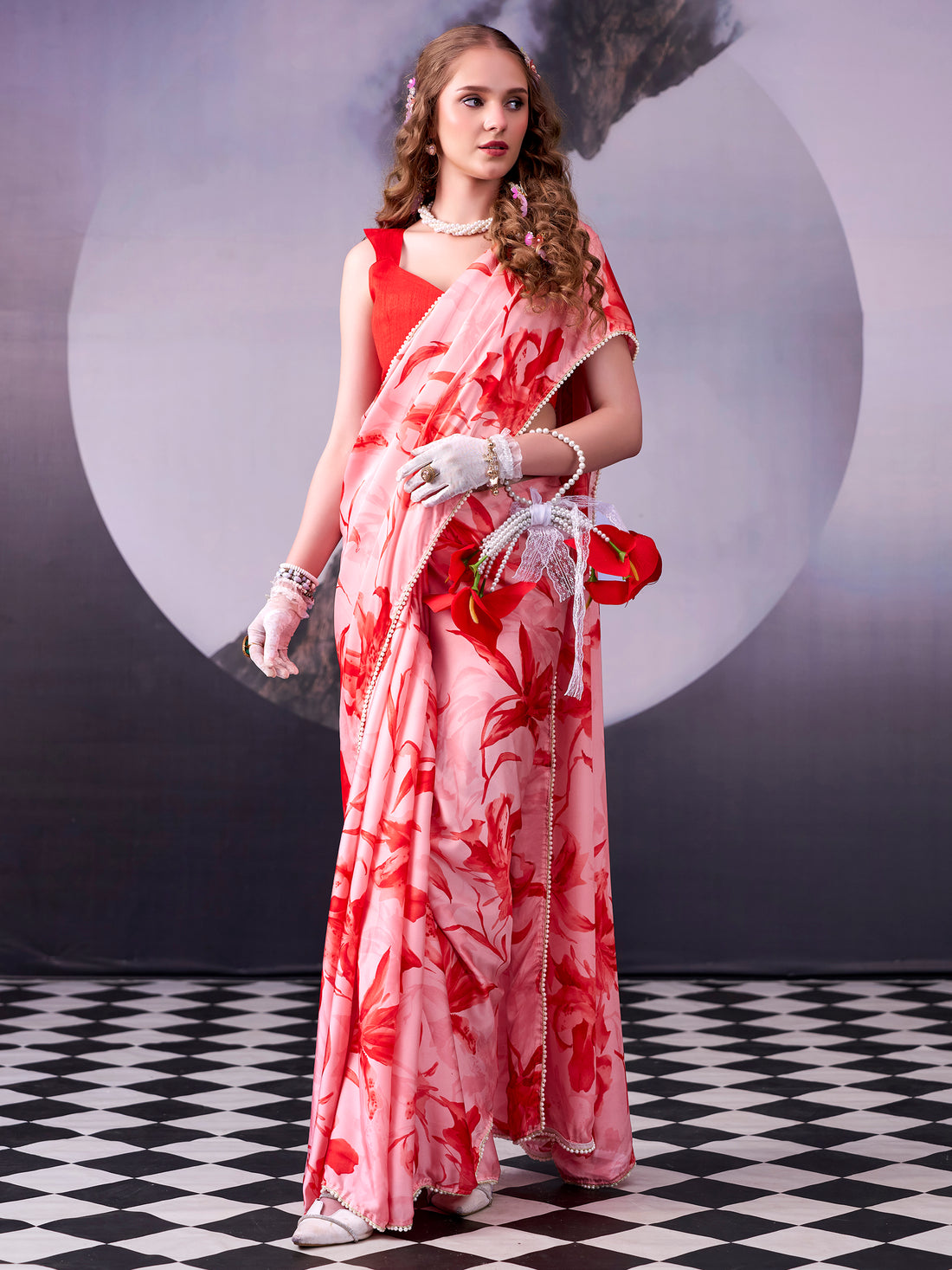 Enchanting Red Floral Printed Satin Party Wear Saree With Blouse