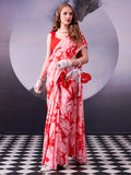Enchanting Red Floral Printed Satin Party Wear Saree With Blouse