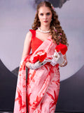 Enchanting Red Floral Printed Satin Party Wear Saree With Blouse