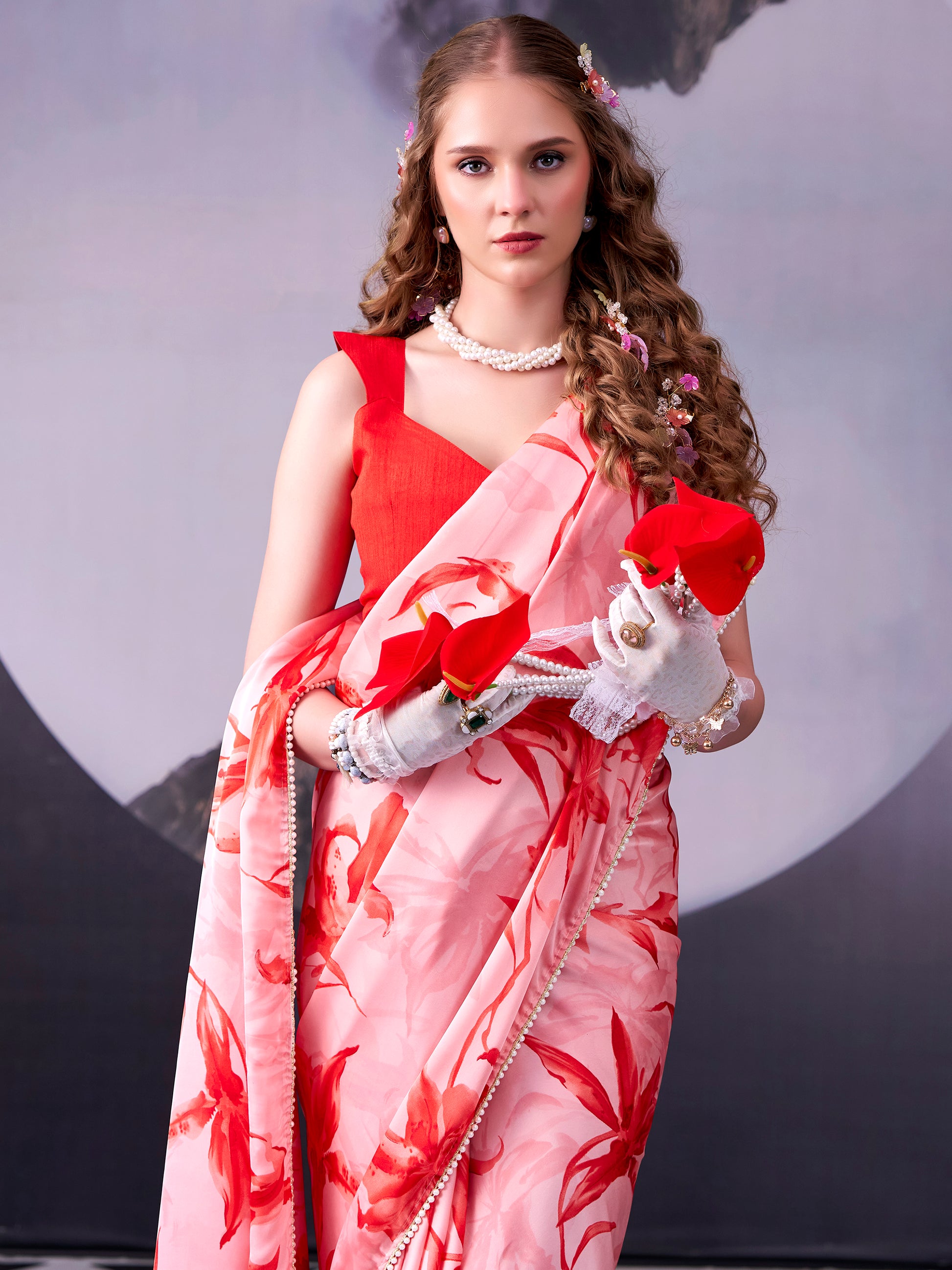 Enchanting Red Floral Printed Satin Party Wear Saree With Blouse