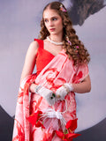 Enchanting Red Floral Printed Satin Party Wear Saree With Blouse