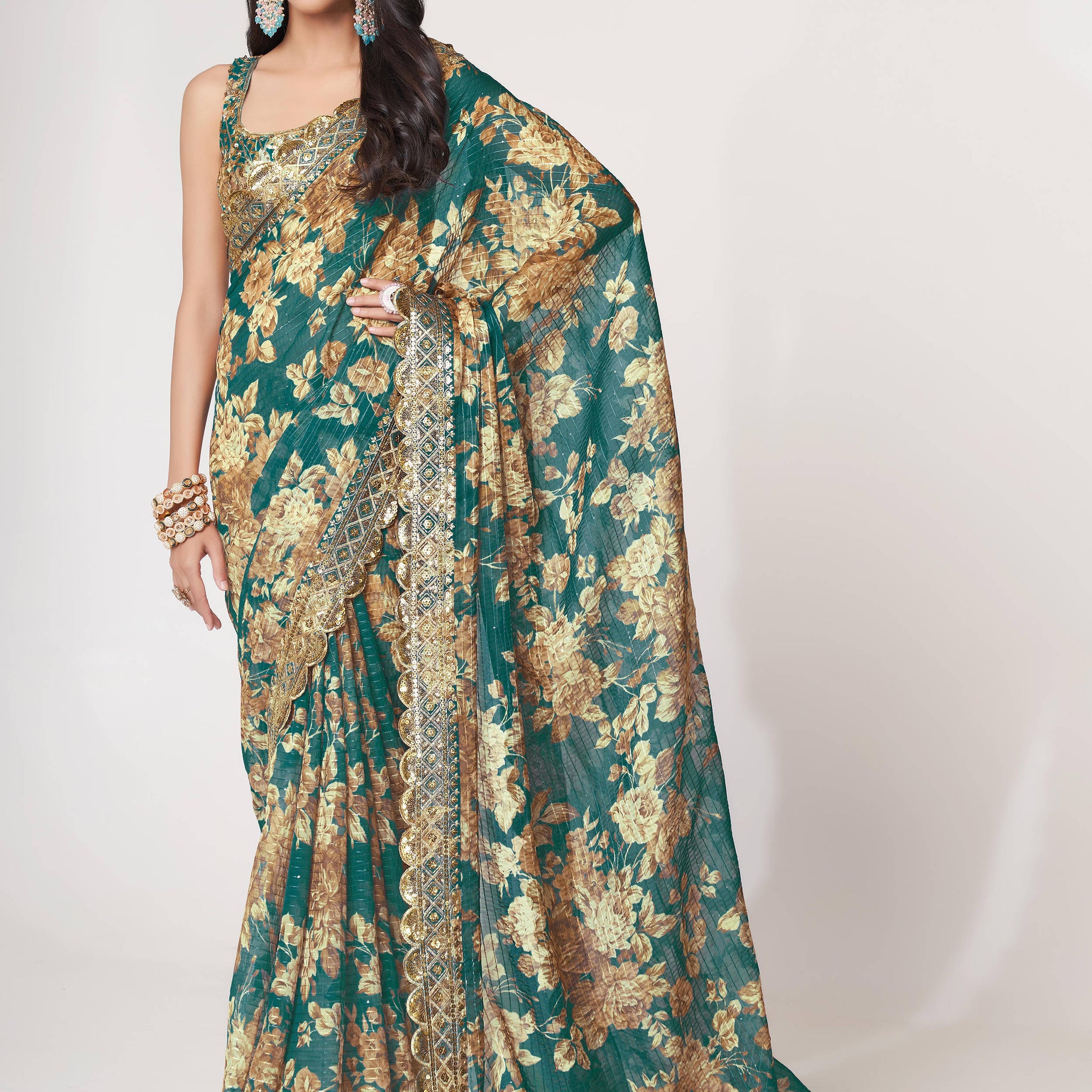 Gorgeous Teal Blue Floral Print Organza Classic Saree With Blouse